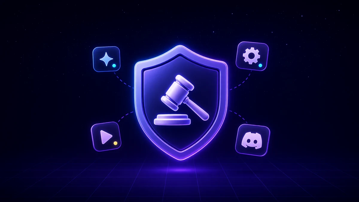 A glowing shield crest with a small gavel floating beside it