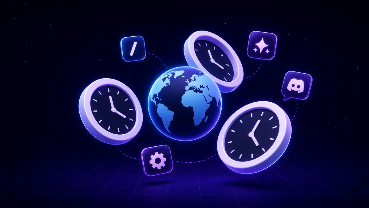 Three tilted clock rings orbiting a small glowing globe