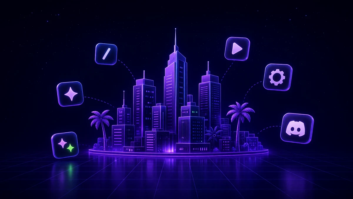 A neon coastal skyline with palm trees, mirrored in a glowing grid floor