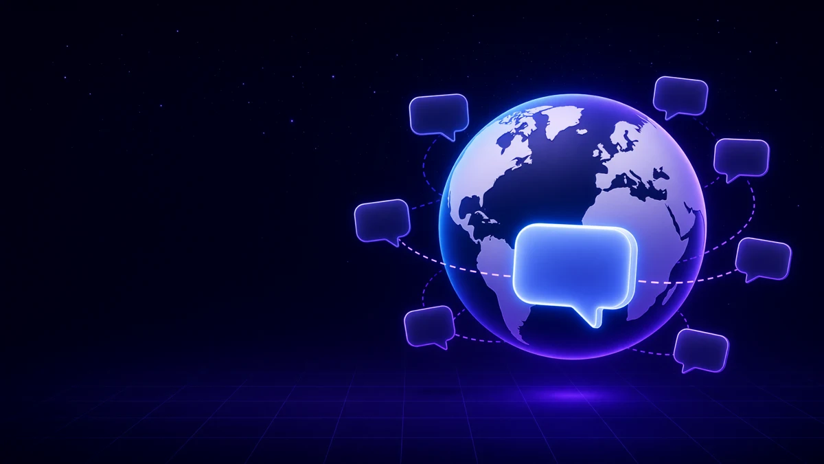 A glowing globe ringed by blank speech bubbles converging into one