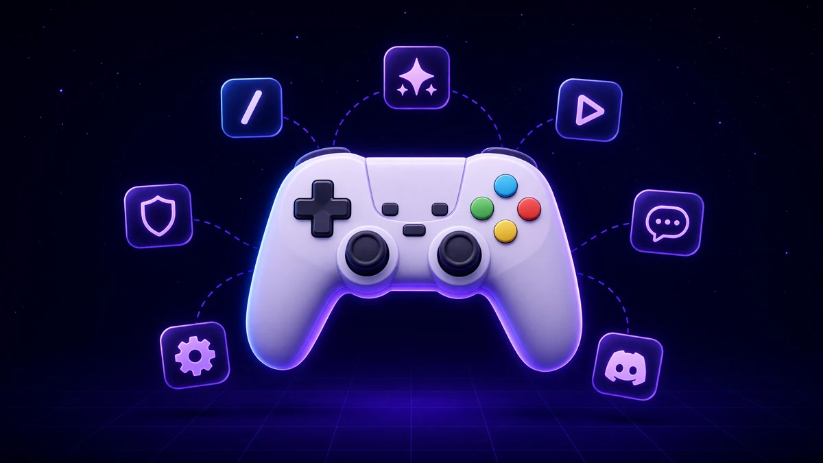 A glossy game controller orbited by small neon glyph tiles